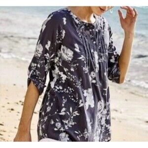 Soft Surroundings Tuberosa Tunic Top Med Gray Floral Roll Tab Sleeve Pin Tuck